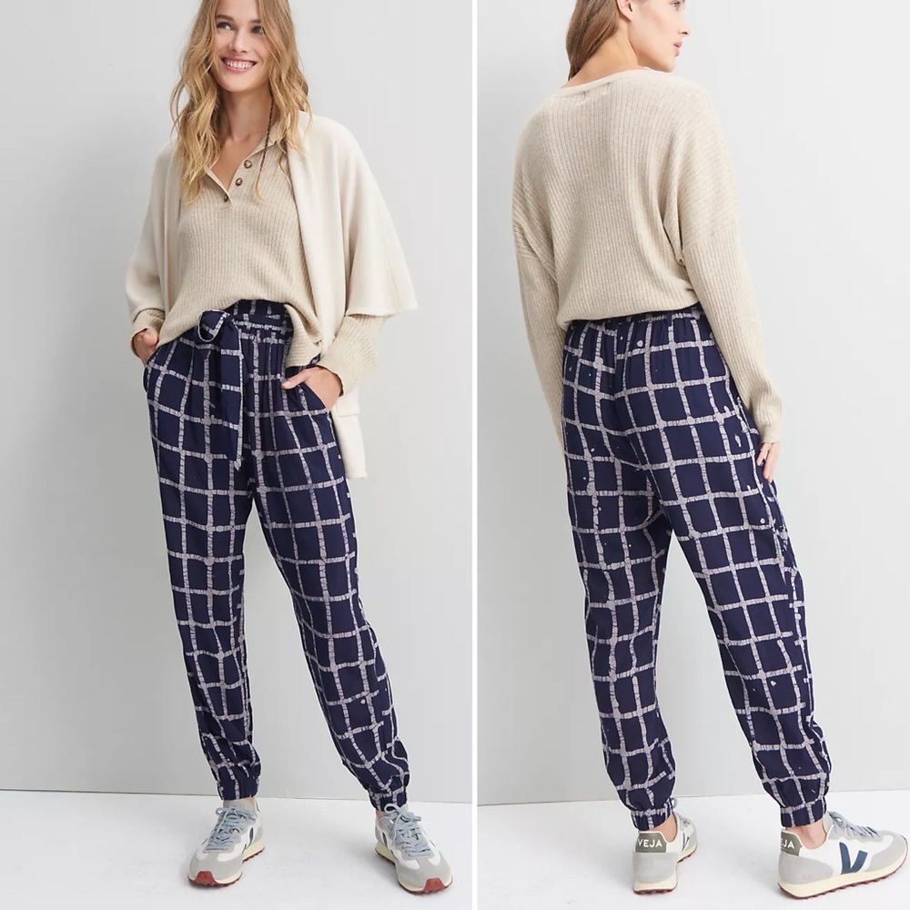 Anthropologie The Odells Gretchen Paperbag Jogger Plaid Blue/White Sz XS NO BELT